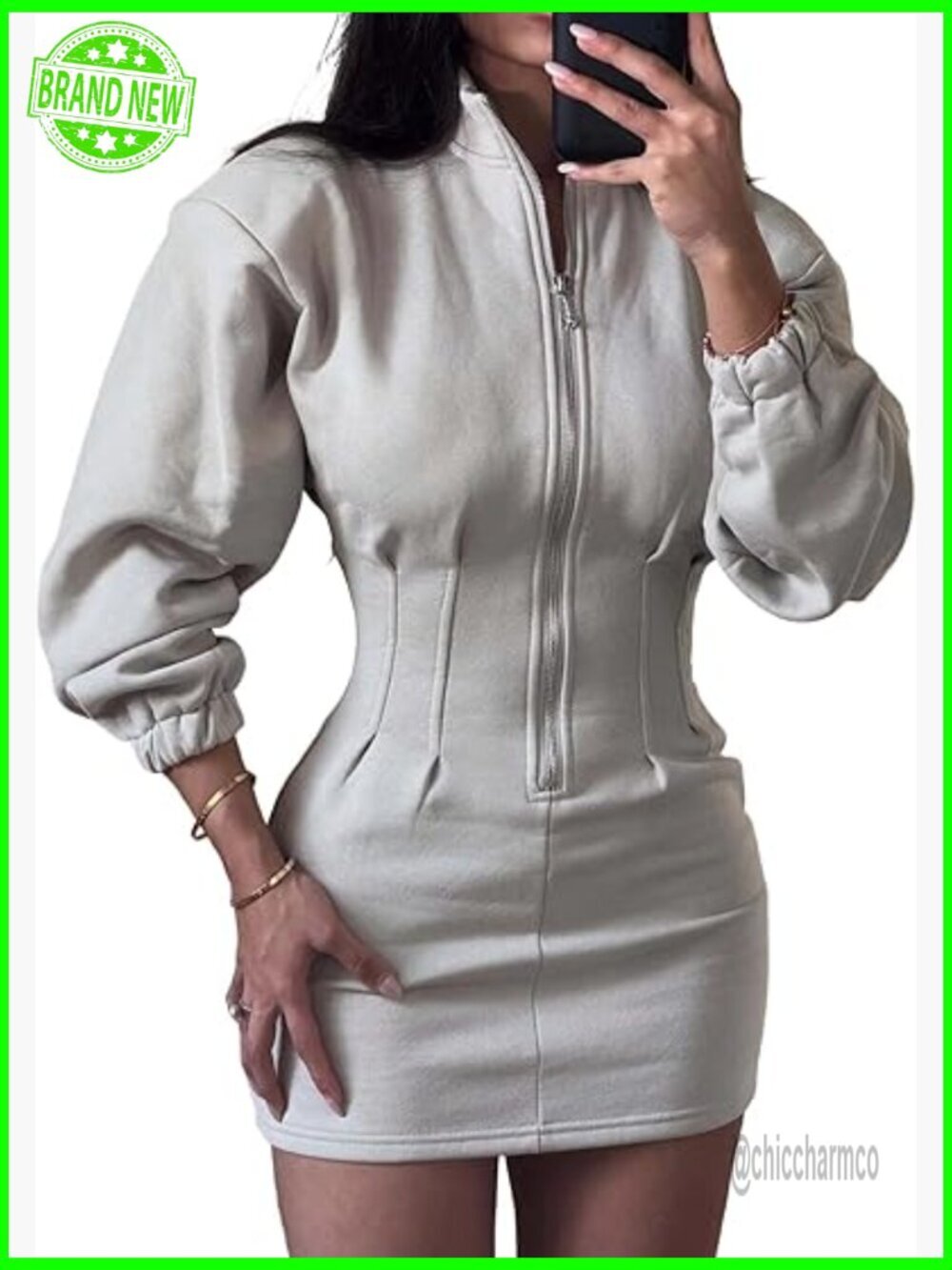 Women's Mock Neck Zip Up Bodycon Mini Dress Long Sleeve Stretch